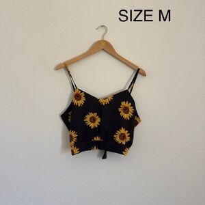 Sunflower Print Black Crop Top